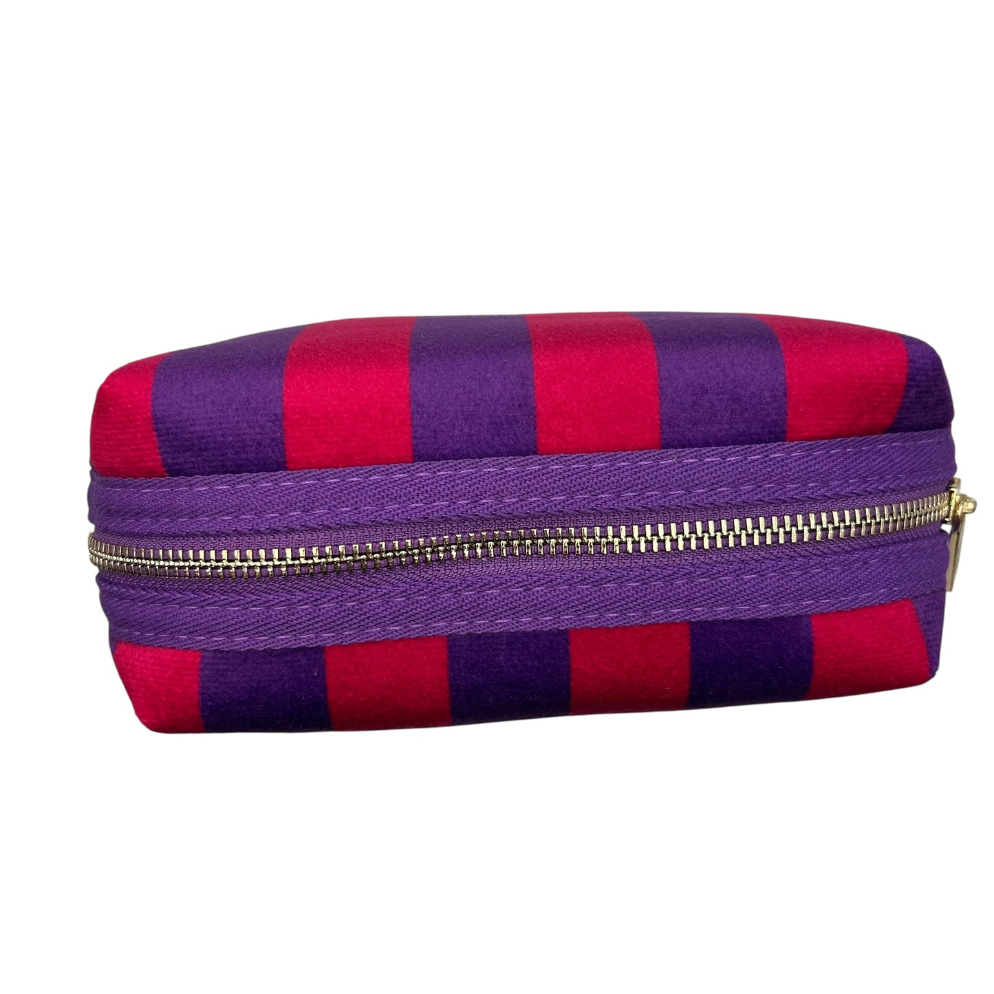 Large purple stripe makeup bag with Gold Sparkle Eye brooch