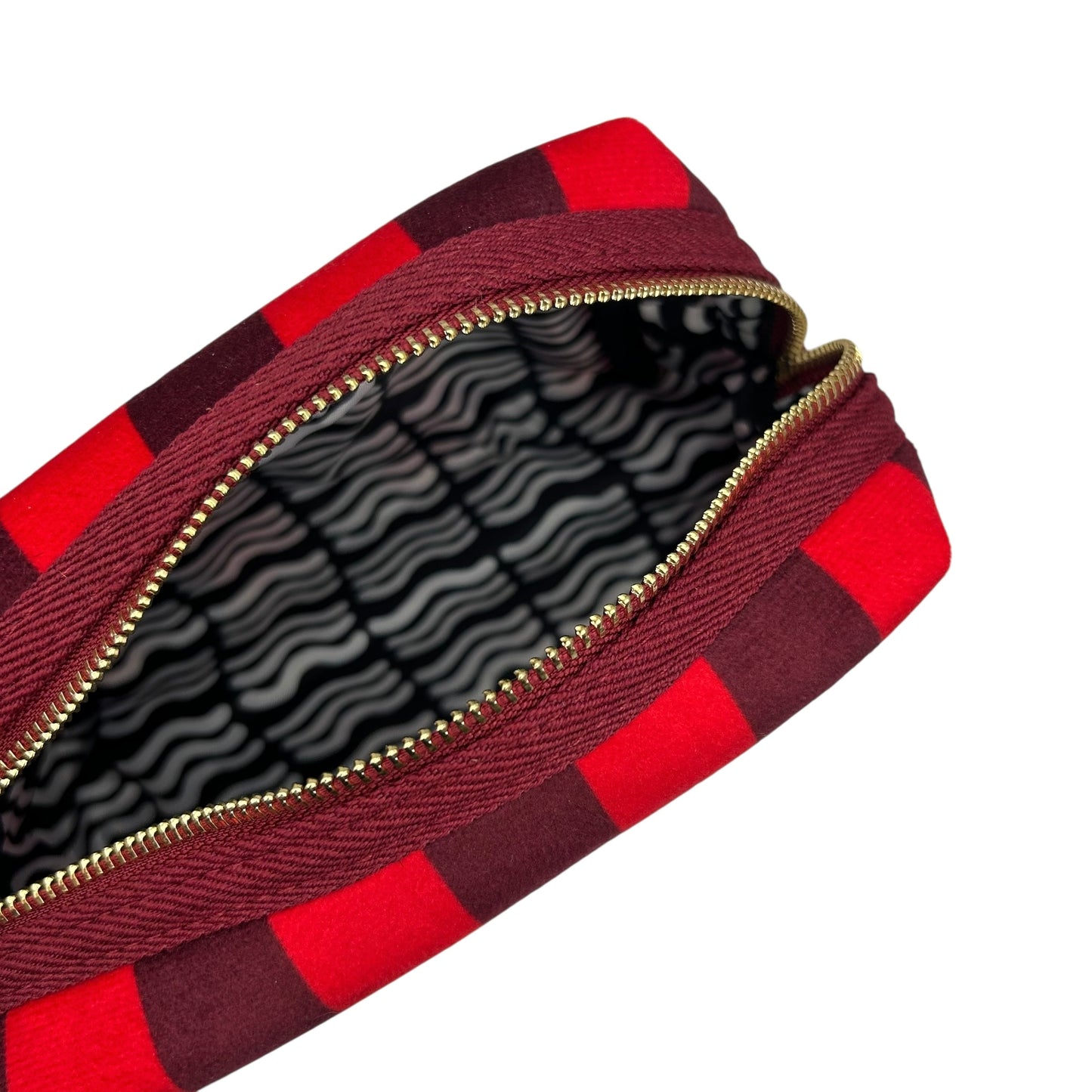 Large red stripe makeup bag with Pineapple brooch