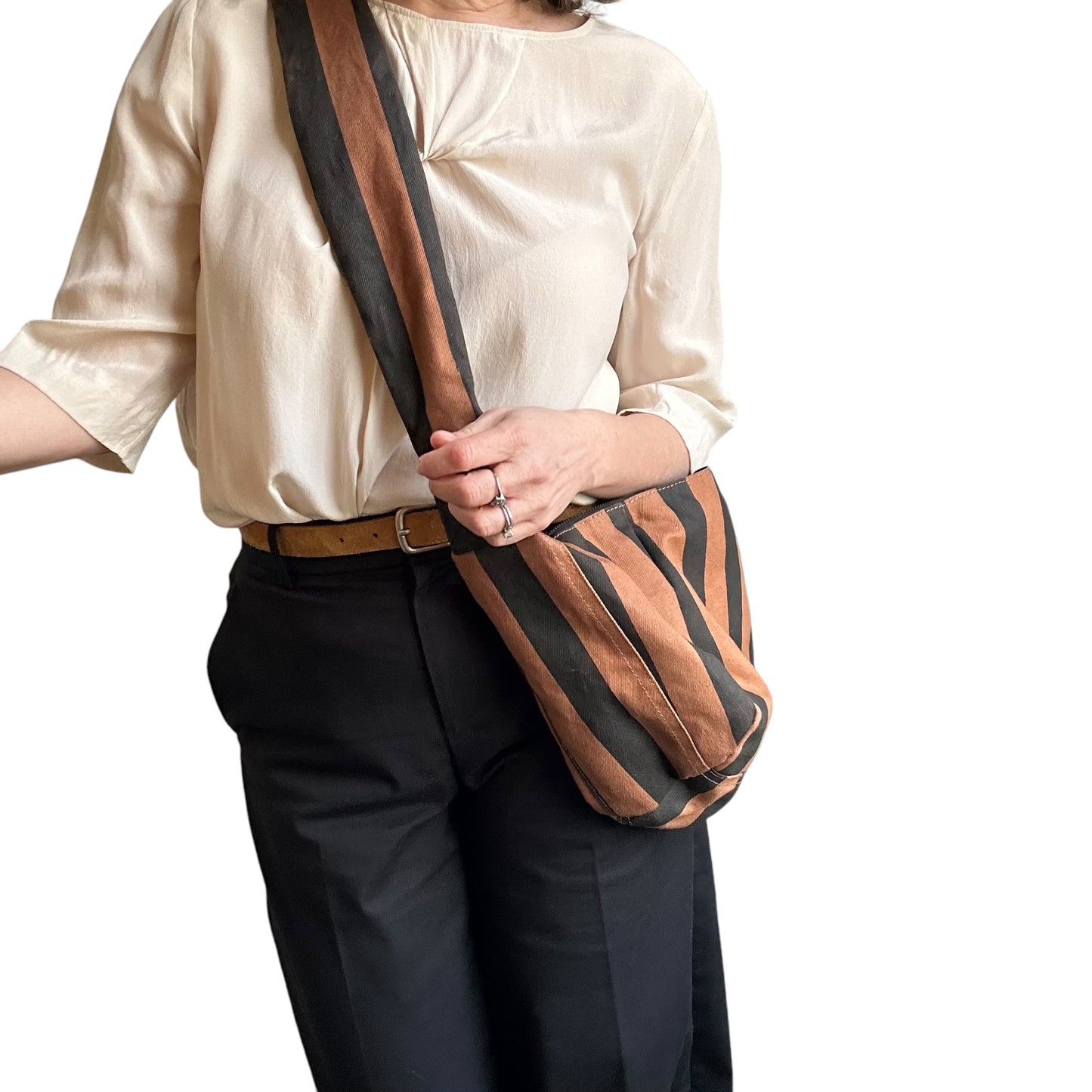 Brixton cross body sling bag - brown & black stripe - large