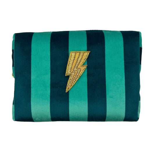 Teal stripe makeup bag with Lightning Bolt brooch (two sizes)