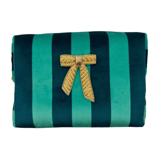 Teal stripe makeup bag with Bow brooch (two sizes)