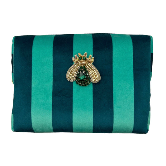 Teal stripe makeup bag with Green Jewelled Insect brooch (two sizes)