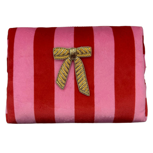 Pink stripe makeup bag with Bow brooch (two sizes)