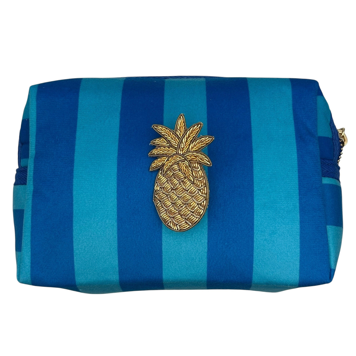 Blue stripe makeup bag with detachable brooch