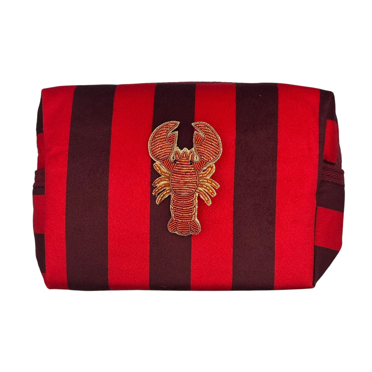Red stripe makeup bag with detachable brooch