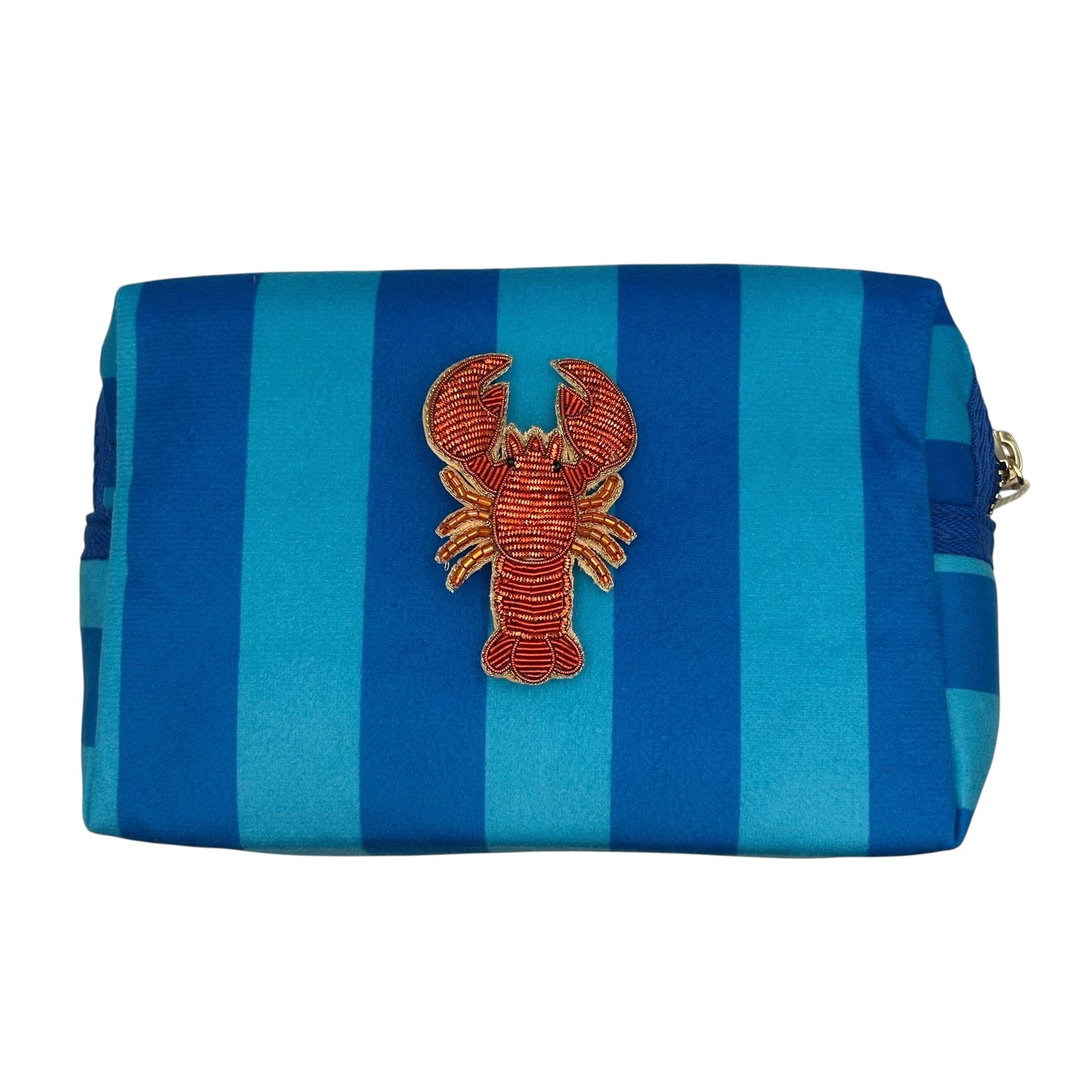 Large blue stripe makeup bag with Red Lobster brooch