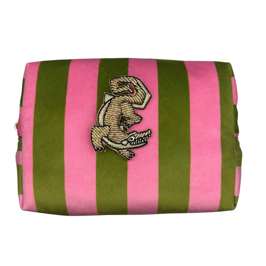 Chartreuse stripe make-up bag with Crocodile pin