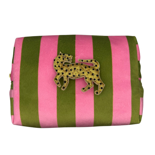 Chartreuse stripe make-up bag with Leopard pin