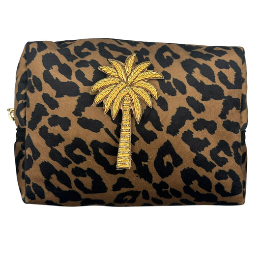 Leopard print makeup bag with Palm Tree brooch (two sizes)