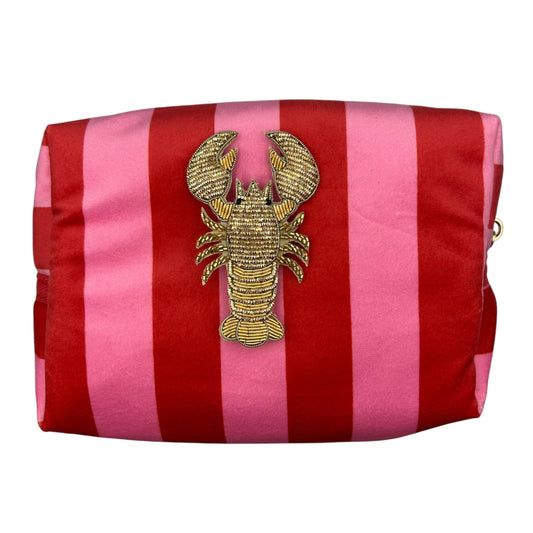 Pink stripe makeup bag with Lobster brooch (two sizes)