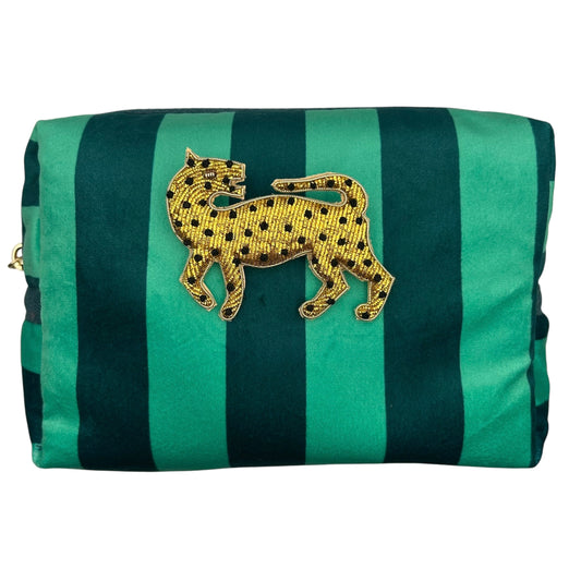 Teal stripe makeup bag with Leopard brooch (two sizes)