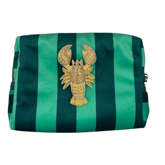 Teal stripe makeup bag with Lobster brooch (two sizes)
