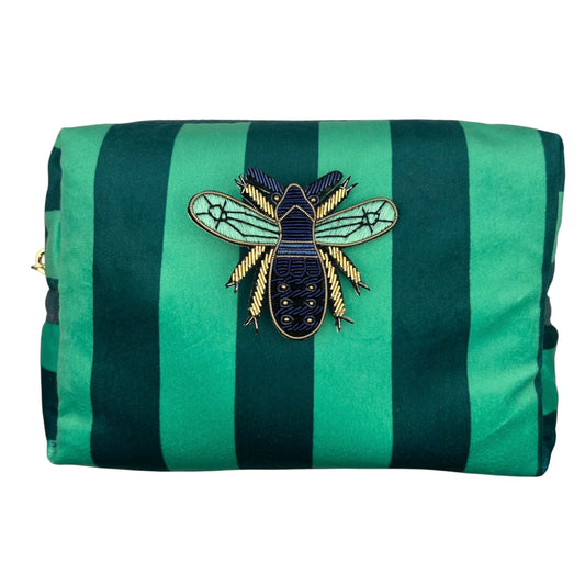 Teal stripe makeup bag with Royal Blue Insect brooch (two sizes)