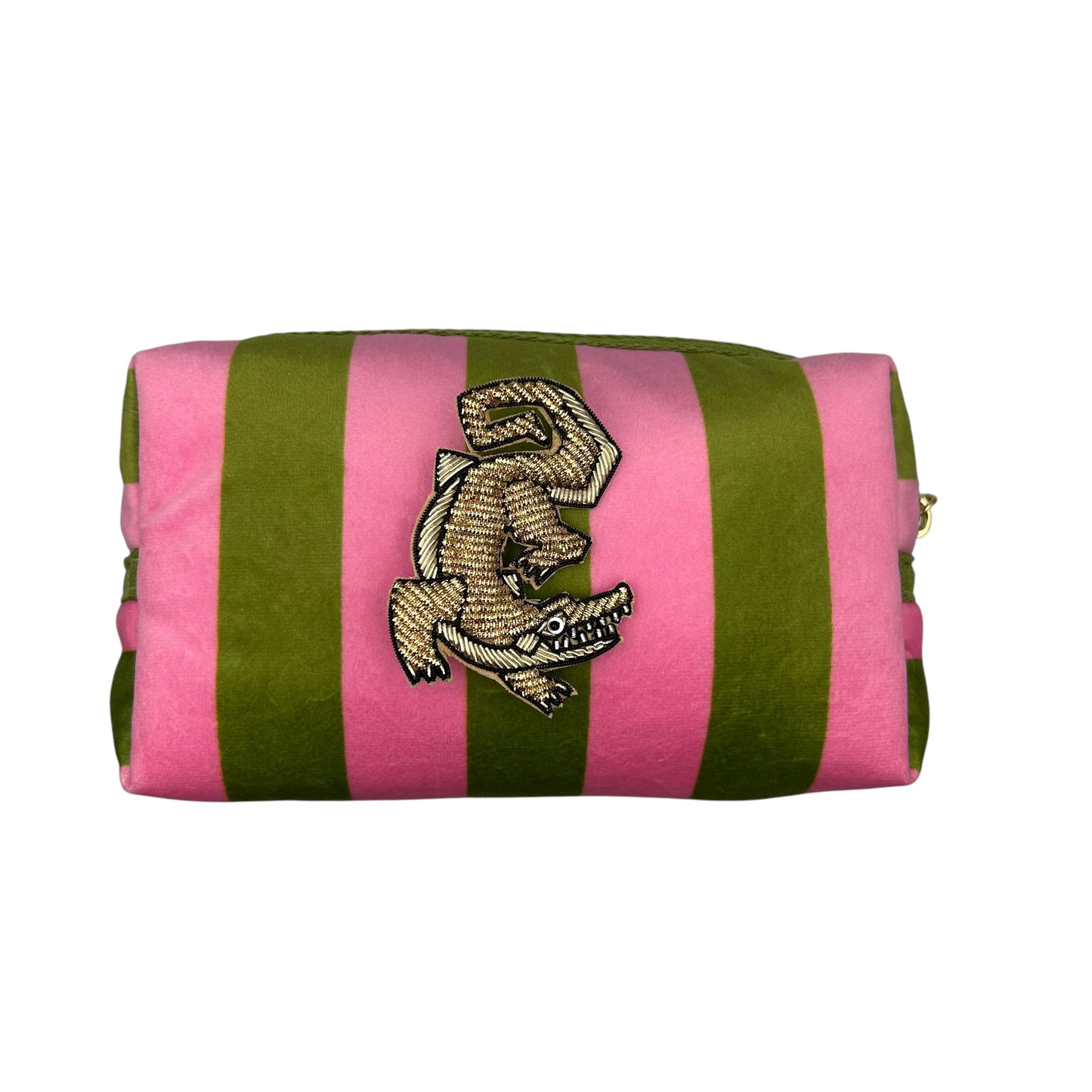 Chartreuse stripe make-up bag with Crocodile pin