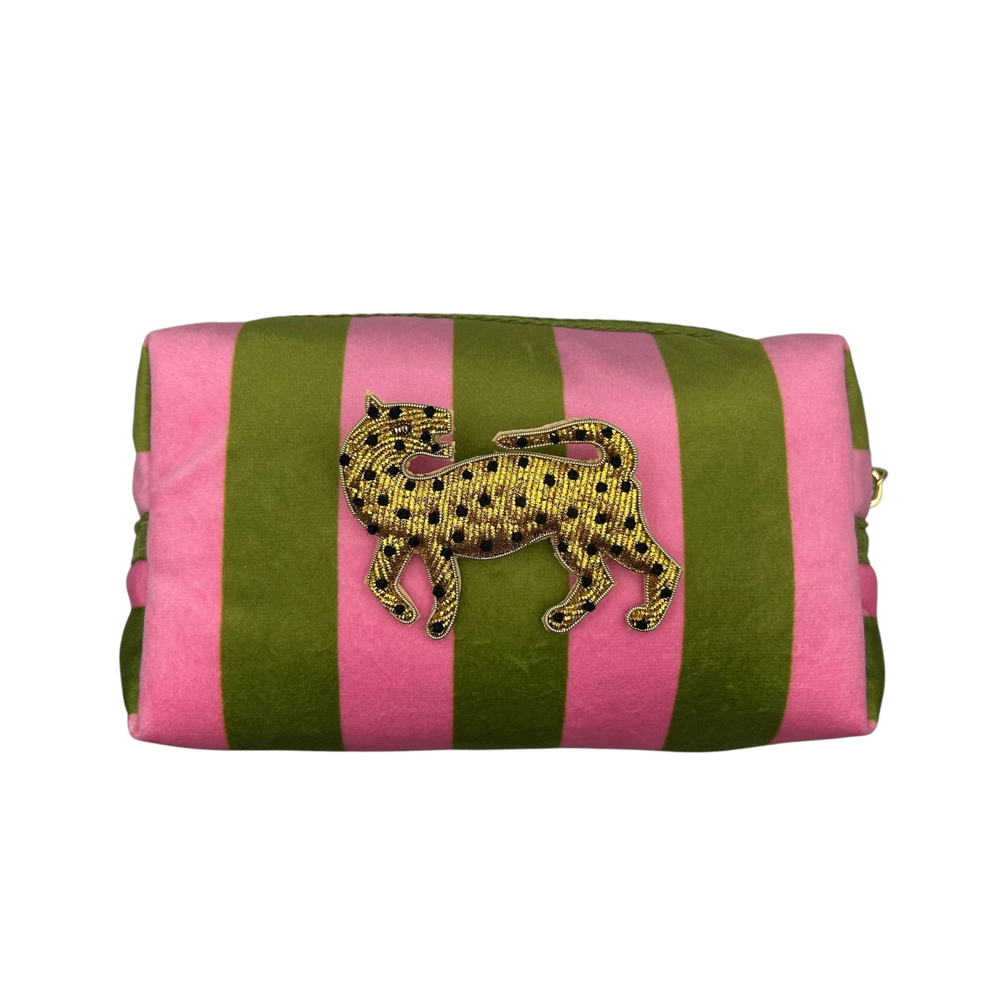 Chartreuse stripe make-up bag with Leopard pin