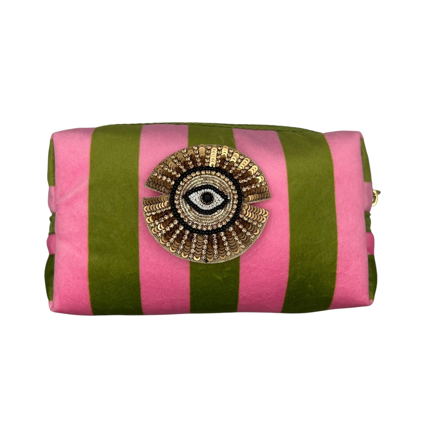 Chartreuse stripe make-up bag with Sunray Eye pin