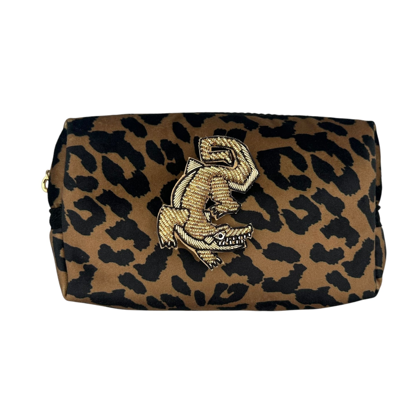 Leopard print makeup bag with Crocodile brooch (two sizes)