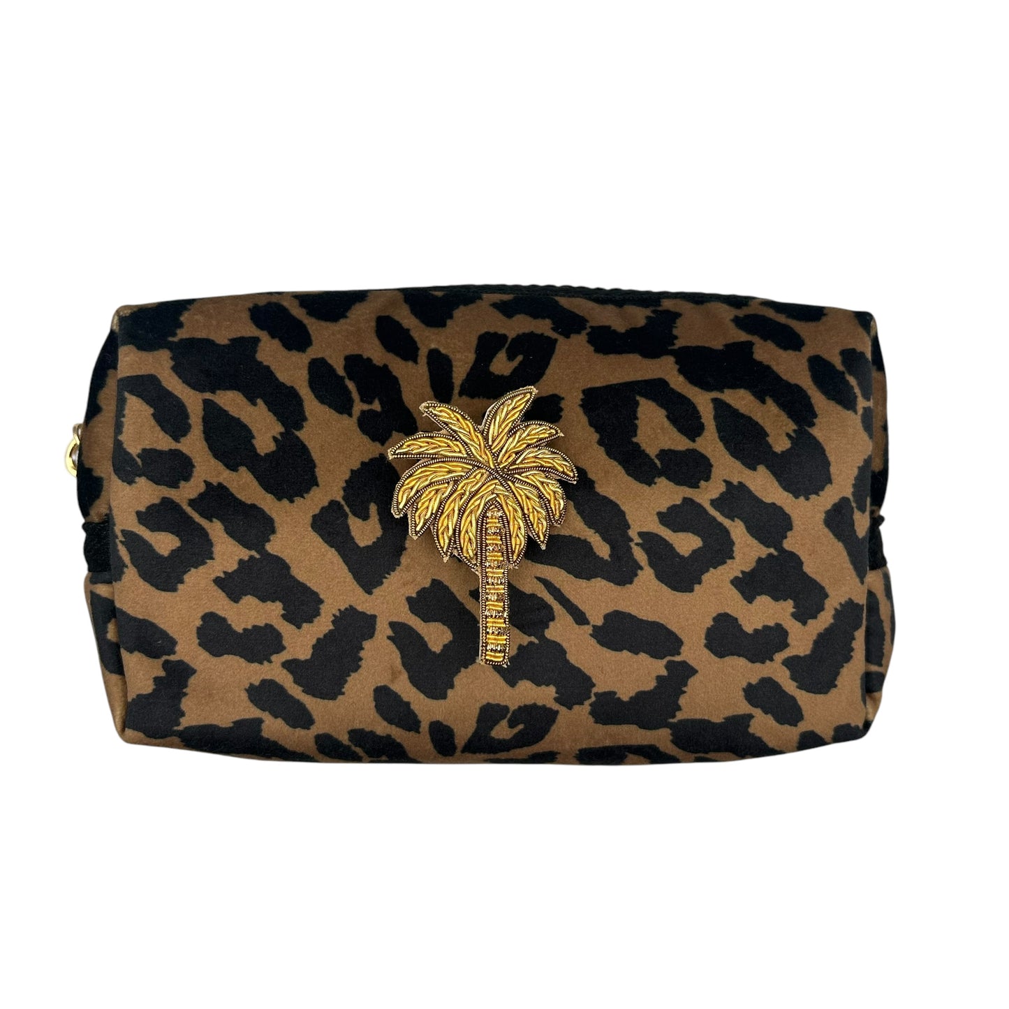 Leopard print makeup bag with Palm Tree brooch (two sizes)