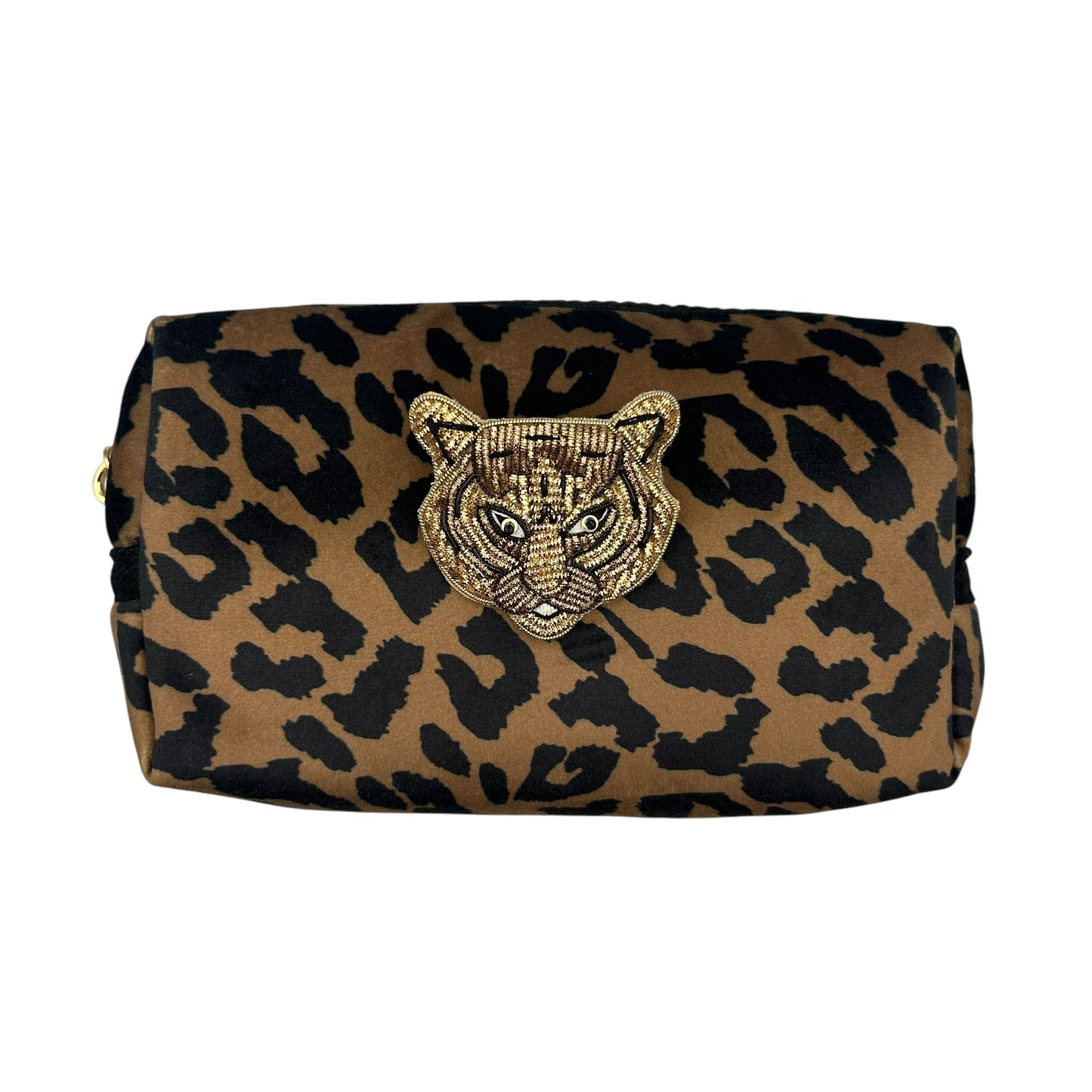Leopard print makeup bag with Tiger Head brooch (two sizes)