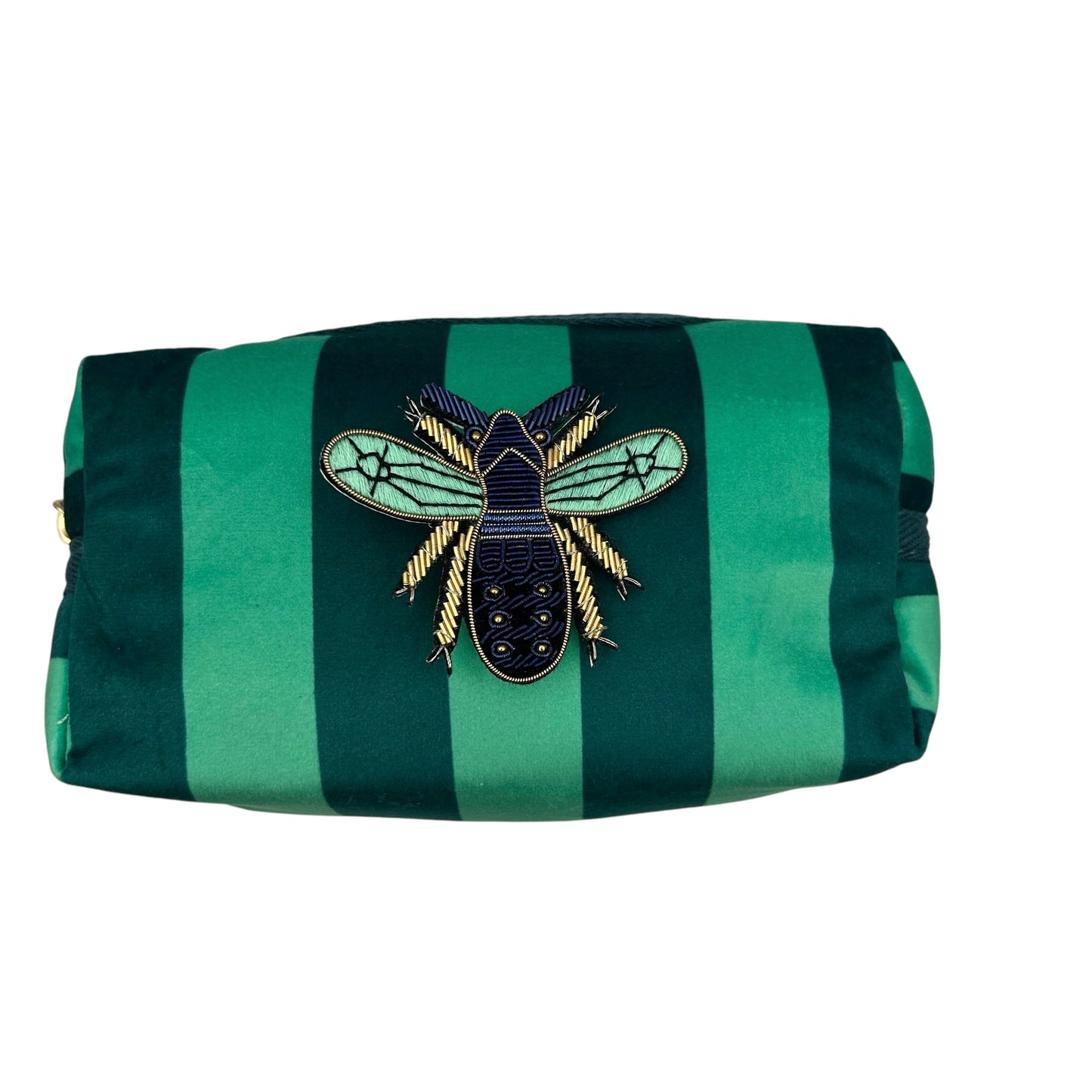 Teal stripe makeup bag with Royal Blue Insect brooch (two sizes)
