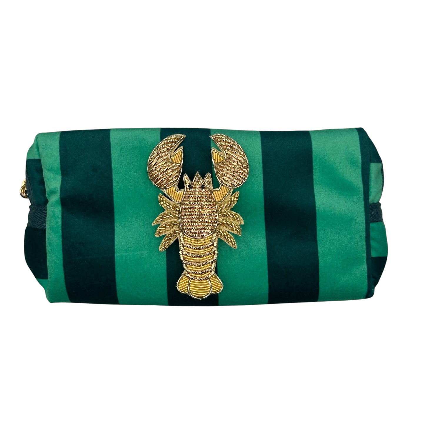 Teal stripe makeup bag with Lobster brooch (two sizes)