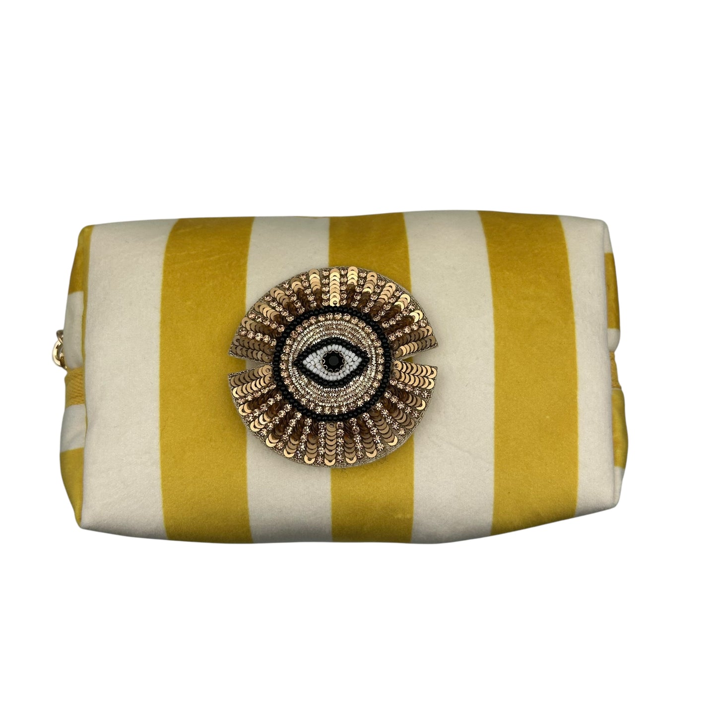 Yellow stripe make-up bag with Sunray pin
