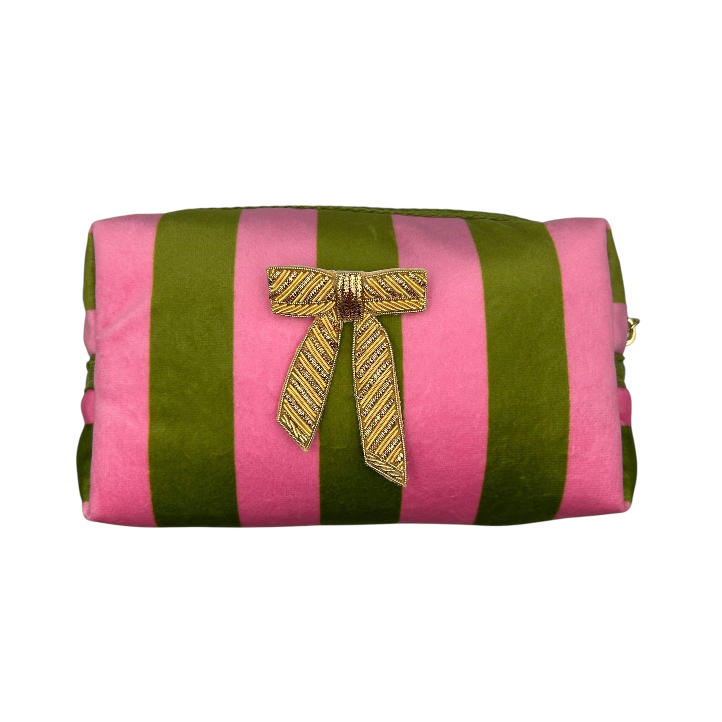 Chartreuse stripe make-up bag with Gold Bow pin