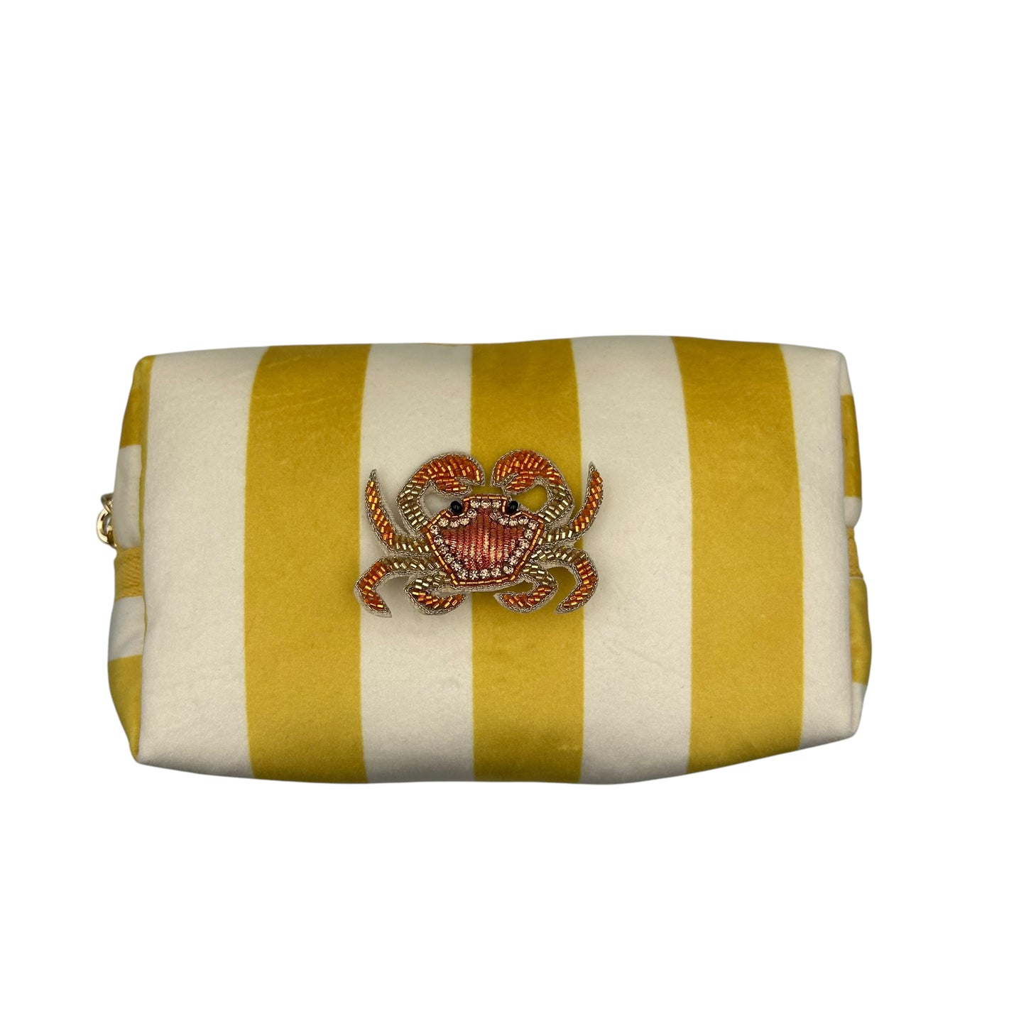 Yellow stripe make-up bag with Crab pin