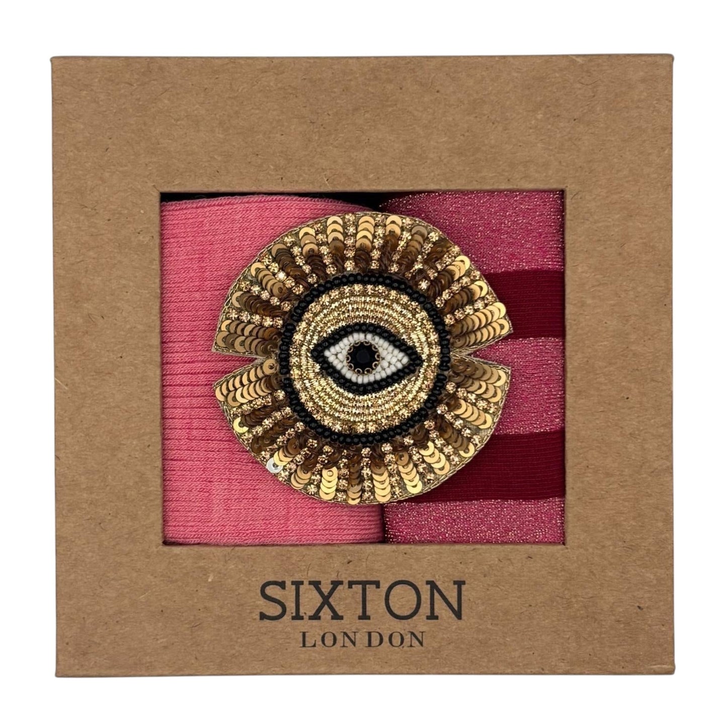 Pink Barcelona & Red Berlin sock box duo with embroidered brooch