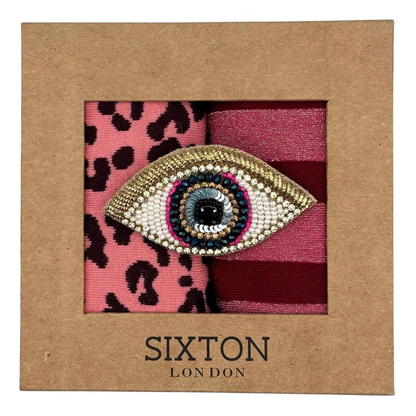 Pink Leopard & Red Berlin sock box duo with embroidered brooch