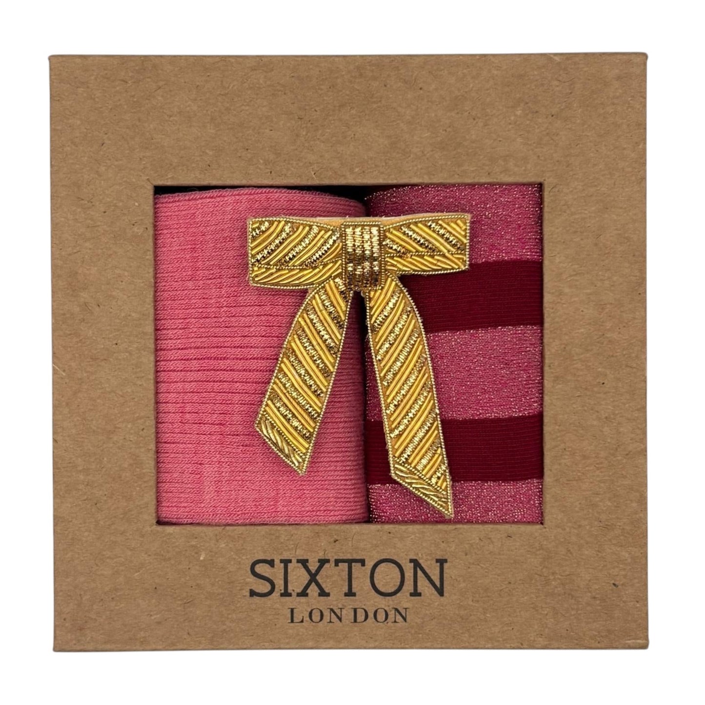 Pink Barcelona & Red Berlin sock box duo with embroidered brooch