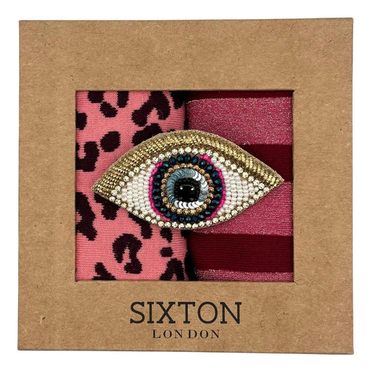 Red Berlin & Pink Leopard sock box duo with embroidered brooch