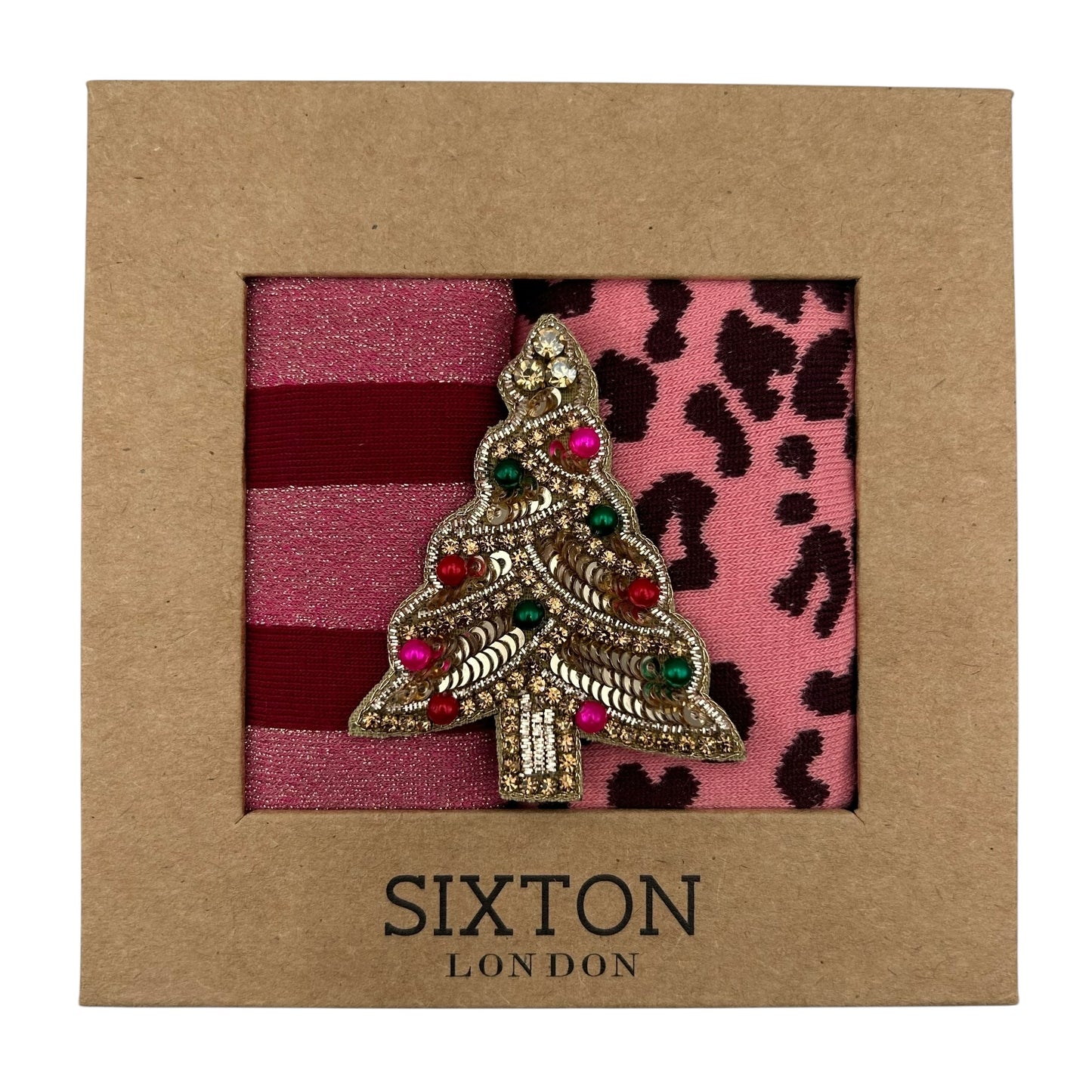 Red Berlin & Pink Leopard sock box duo with embroidered brooch