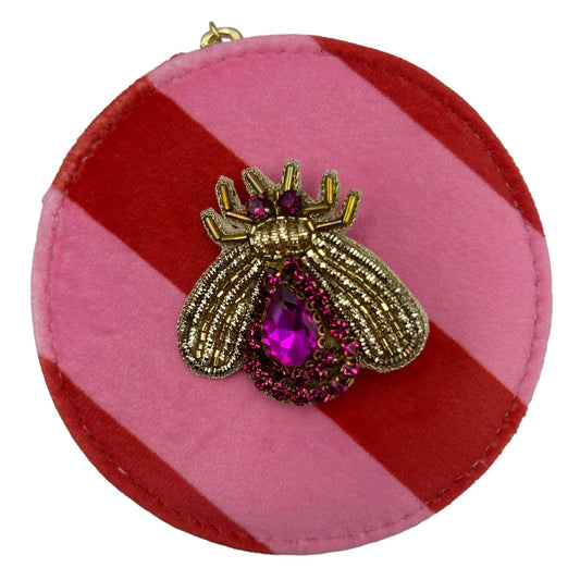 Jewellery Travel Pot in pink stripe - Pink Jewelled Insect brooch