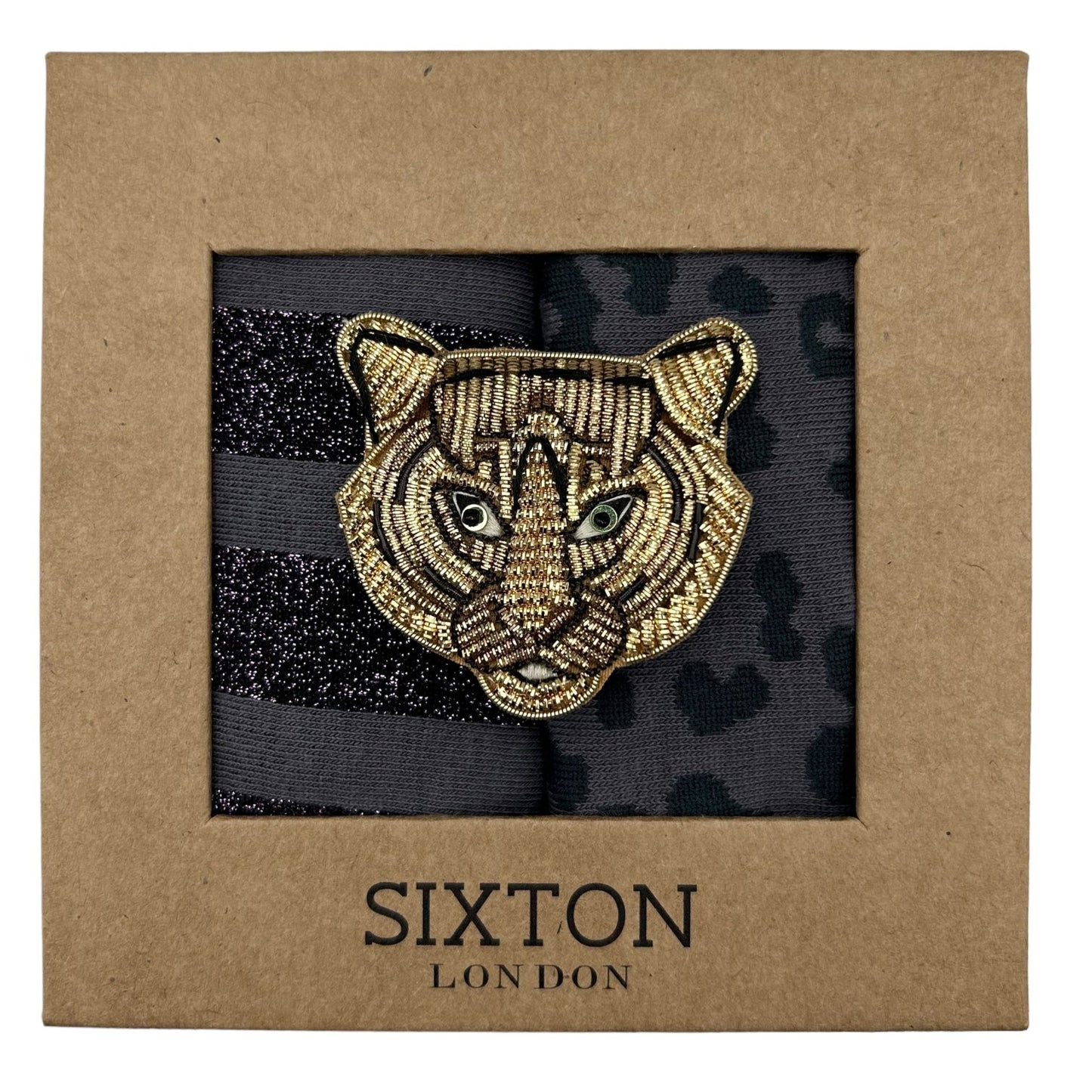 Charcoal Leopard & Purple Berlin sock box duo with pin