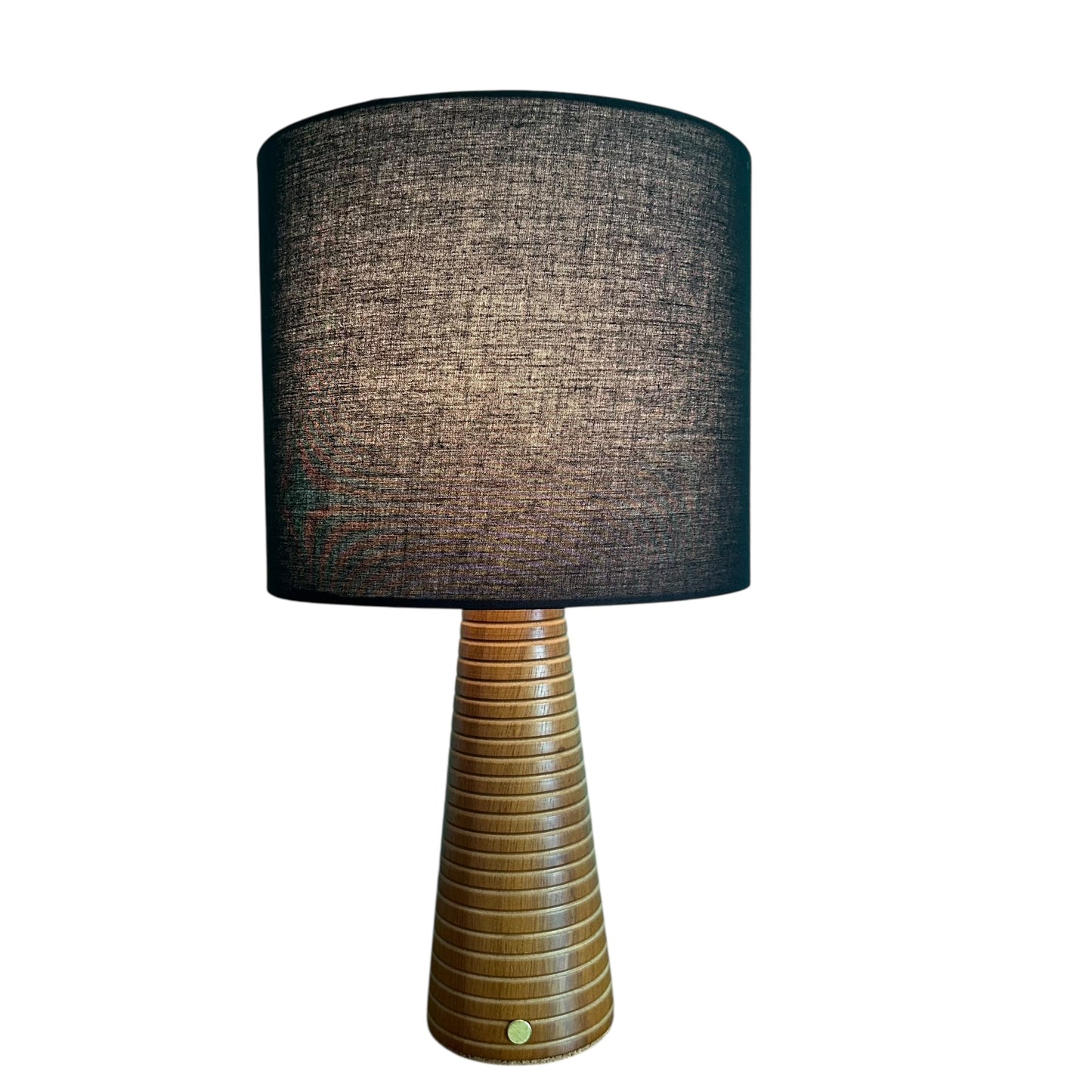 Ribbed Teak style rechargeable touch lamp with black shade