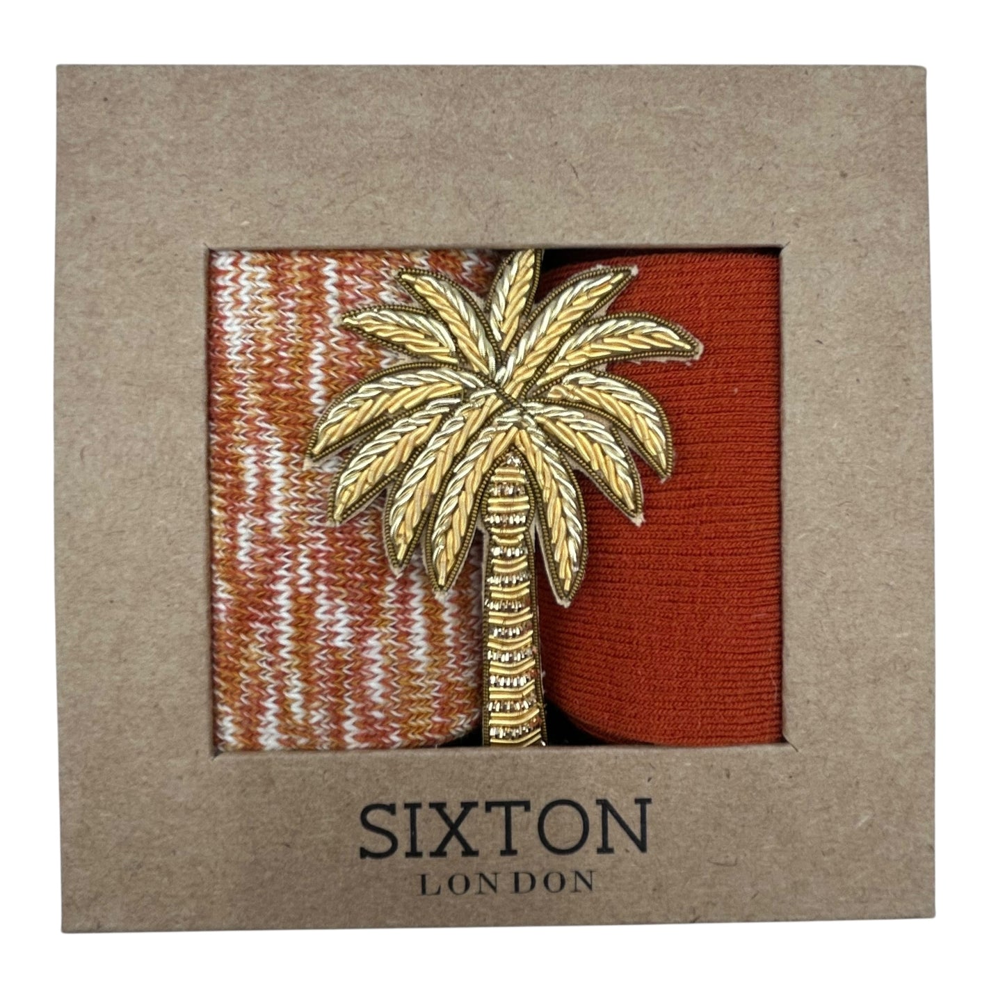 Rust Fargo & Rust Barcelona sock box duo with embroidered brooch