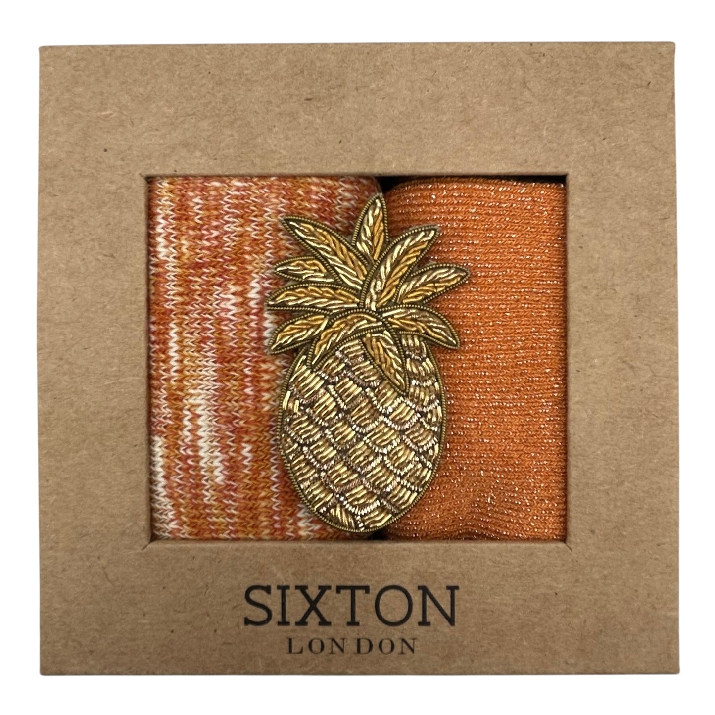 Rust Fargo & Orange Vegas sock box duo with embroidered brooch