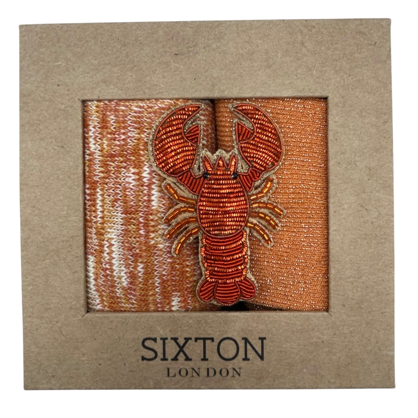 Rust Fargo & Orange Vegas sock box duo with embroidered brooch