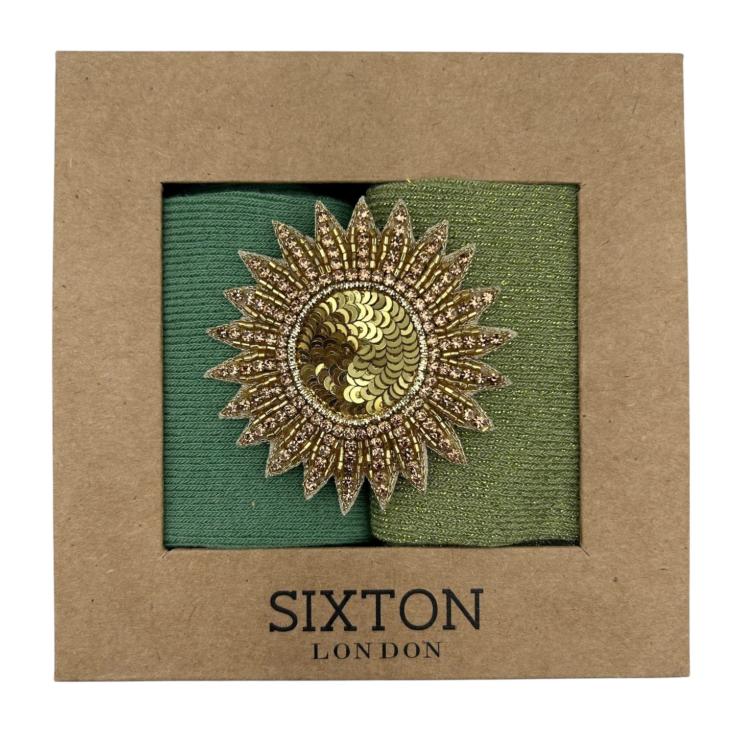 Sage Sienna & Pistachio Vegas sock box duo with embroidered brooch