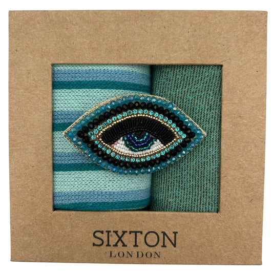Seoul & Tokyo Mint sock box duo with embroidered brooch