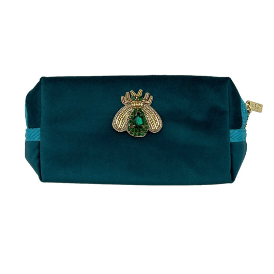 Teal make-up bag with Green Jewelled Insect brooch (small)