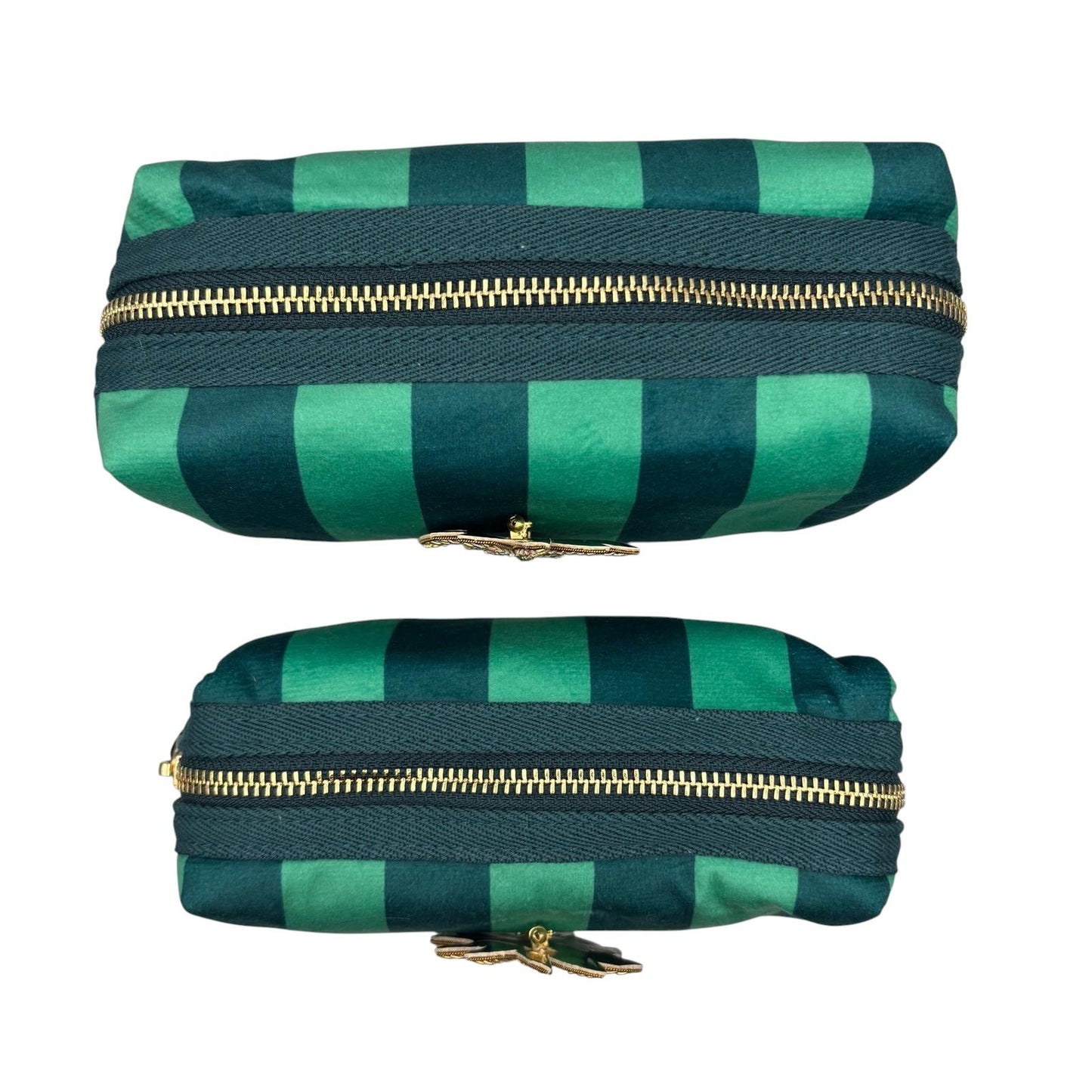 Small Teal stripe makeup bag with Palm Tree brooch