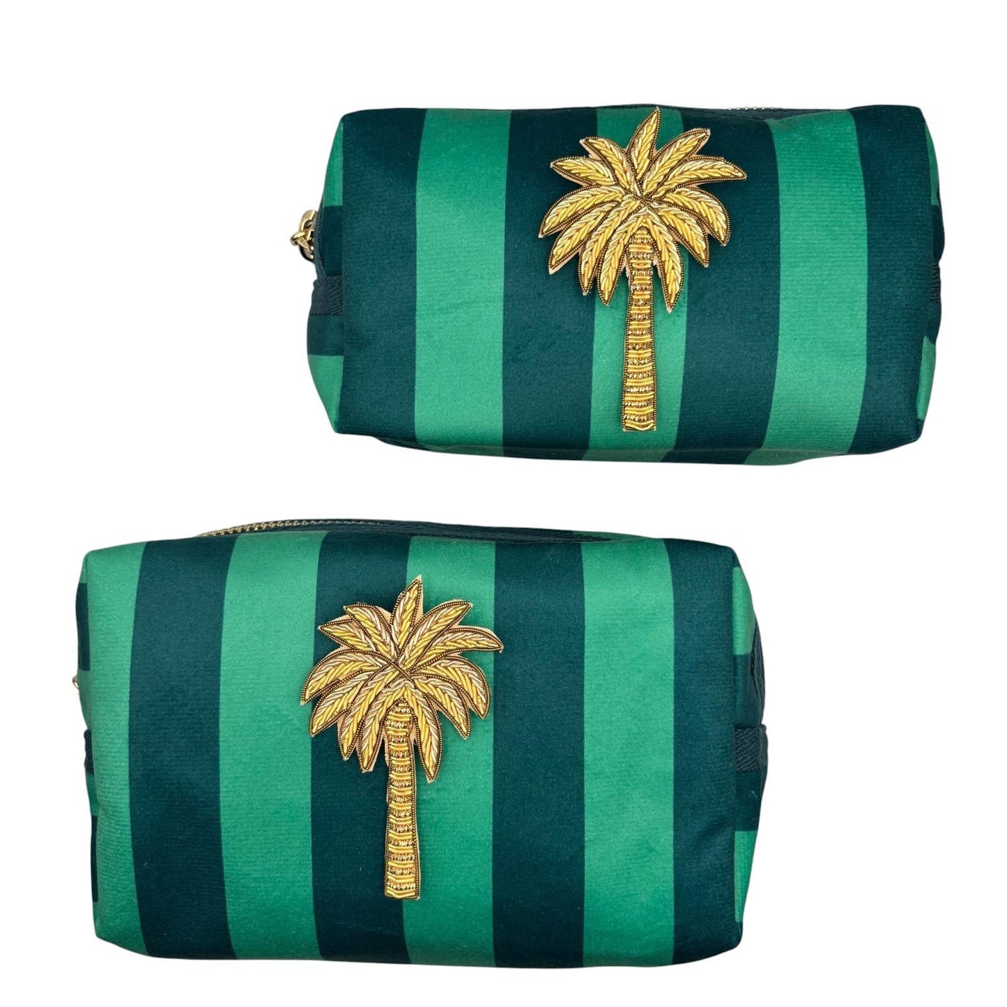 Small Teal stripe makeup bag with Palm Tree brooch