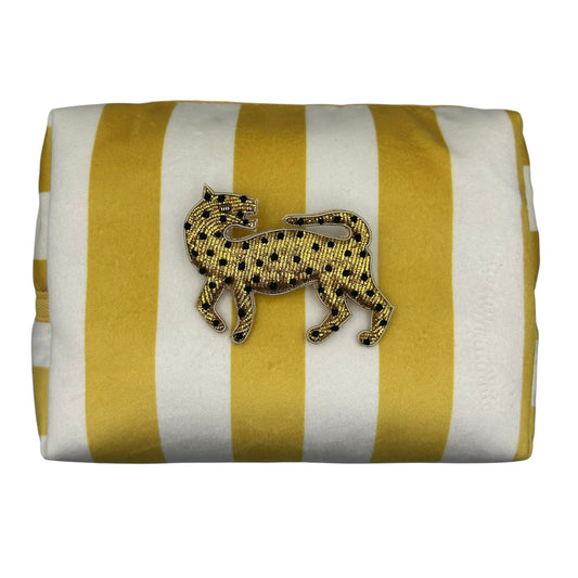 Yellow stripe make-up bag with Leopard pin