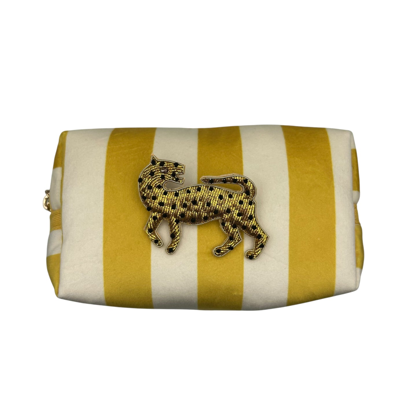 Yellow stripe make-up bag with Leopard pin