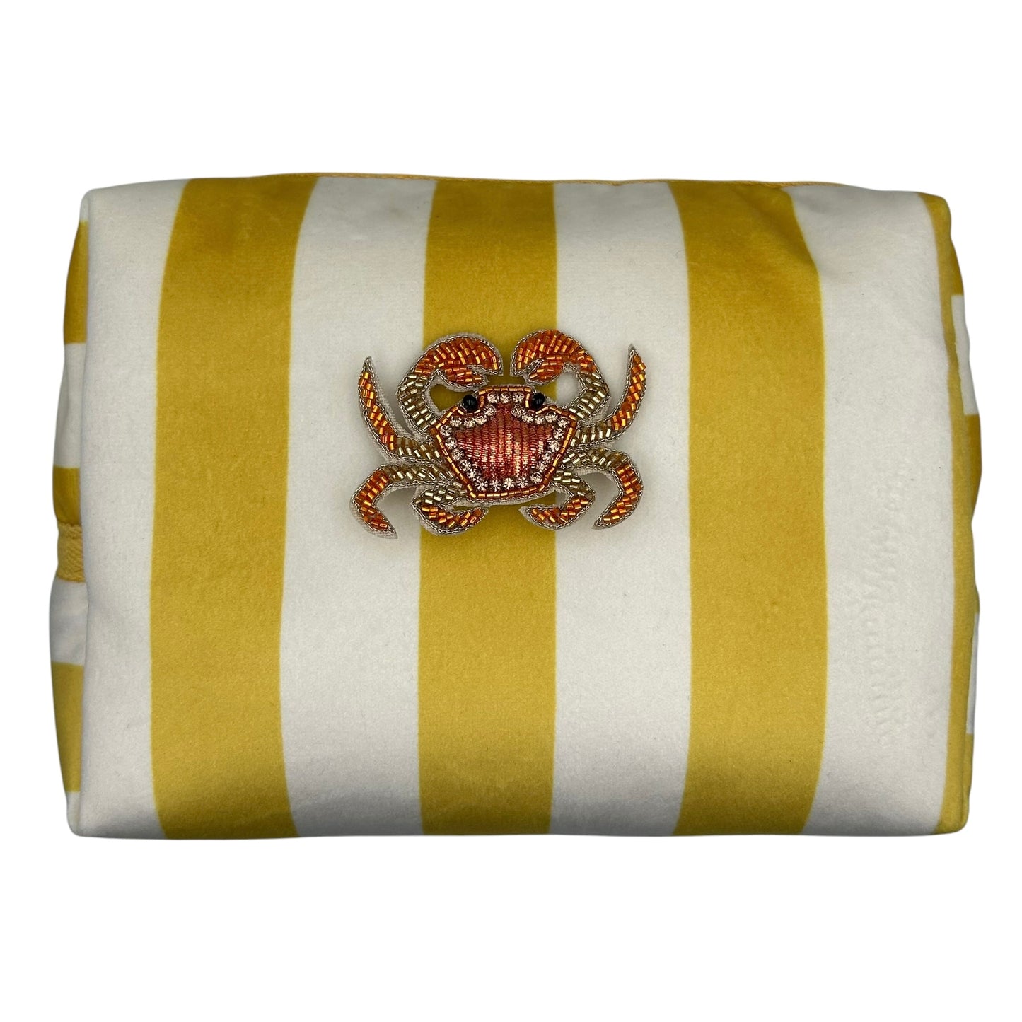 Yellow stripe make-up bag with Crab pin