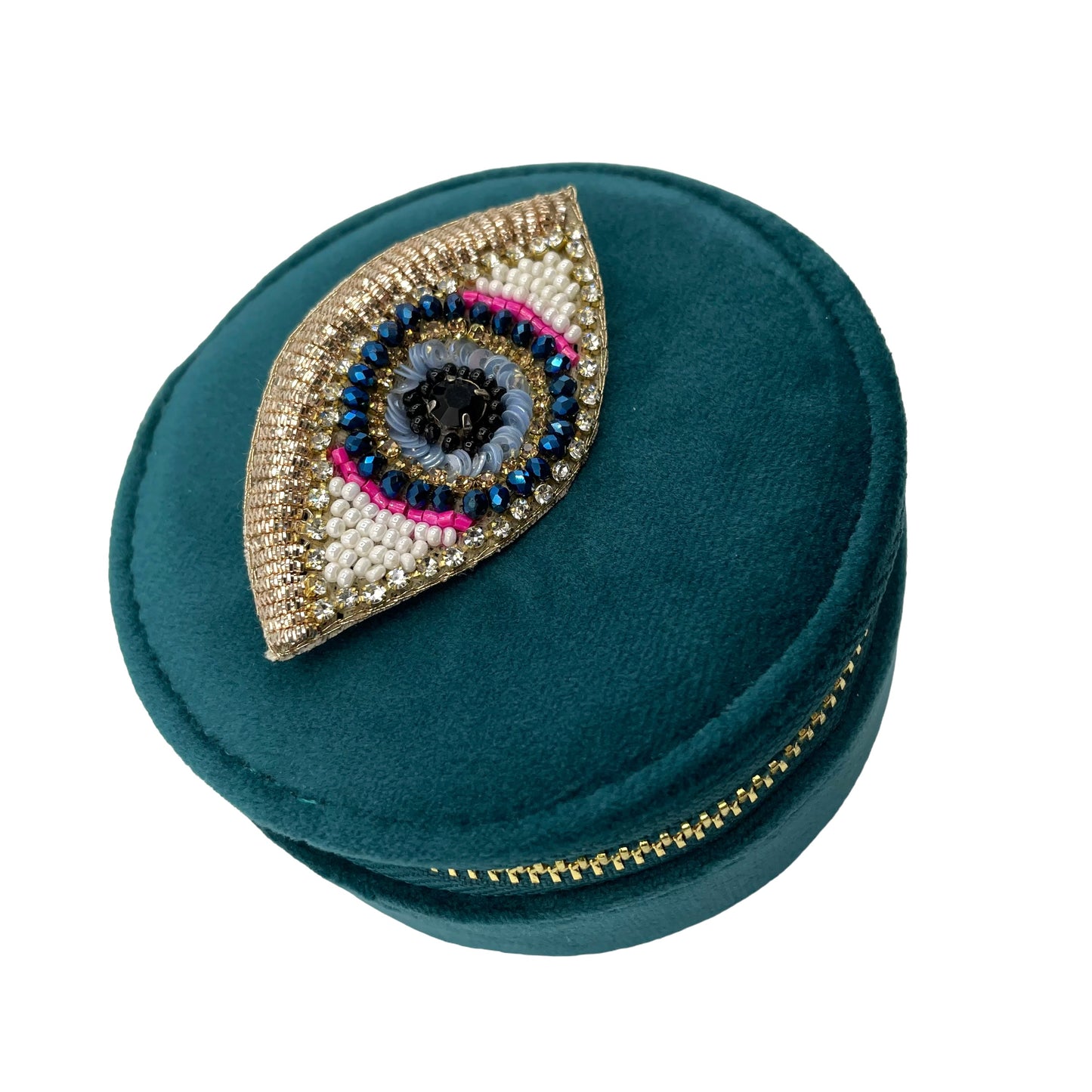 Jewellery Travel Pot in Teal recycled velvet, with Golden Eye pin