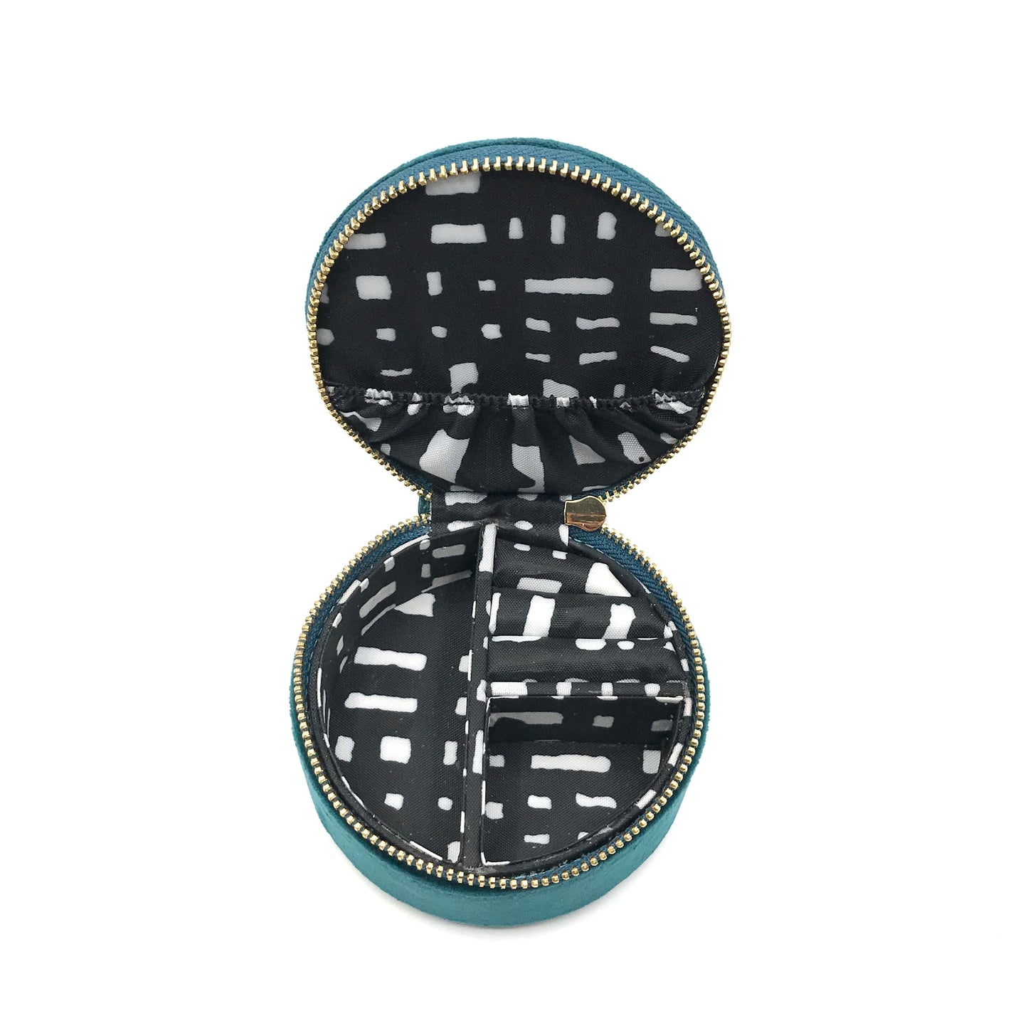 Jewellery Travel Pot in Teal recycled velvet, with Golden Eye pin